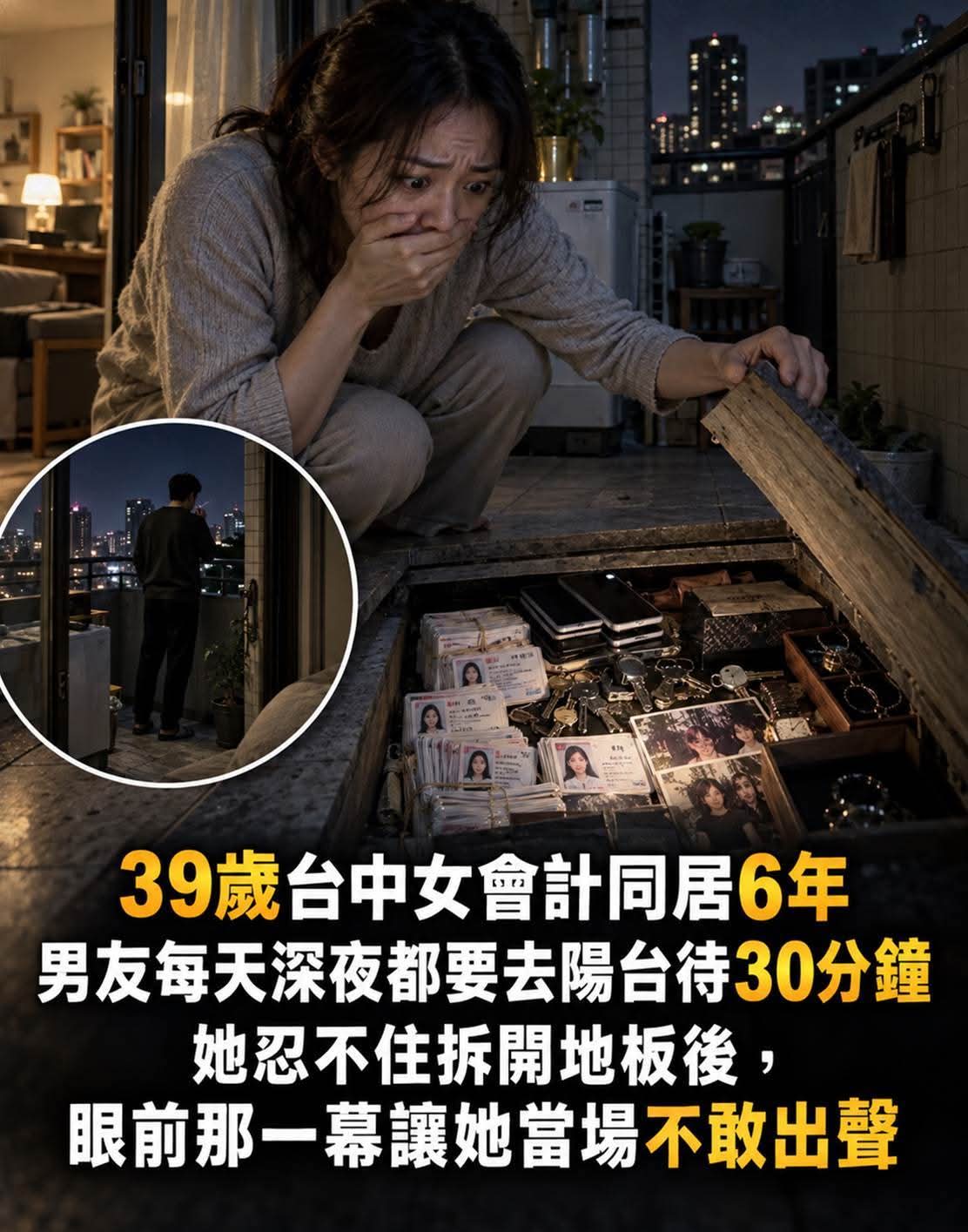 39歲女會計同居6年,男友每天鎖陽台30分鐘,她撬開地板後發現陌生行李箱
