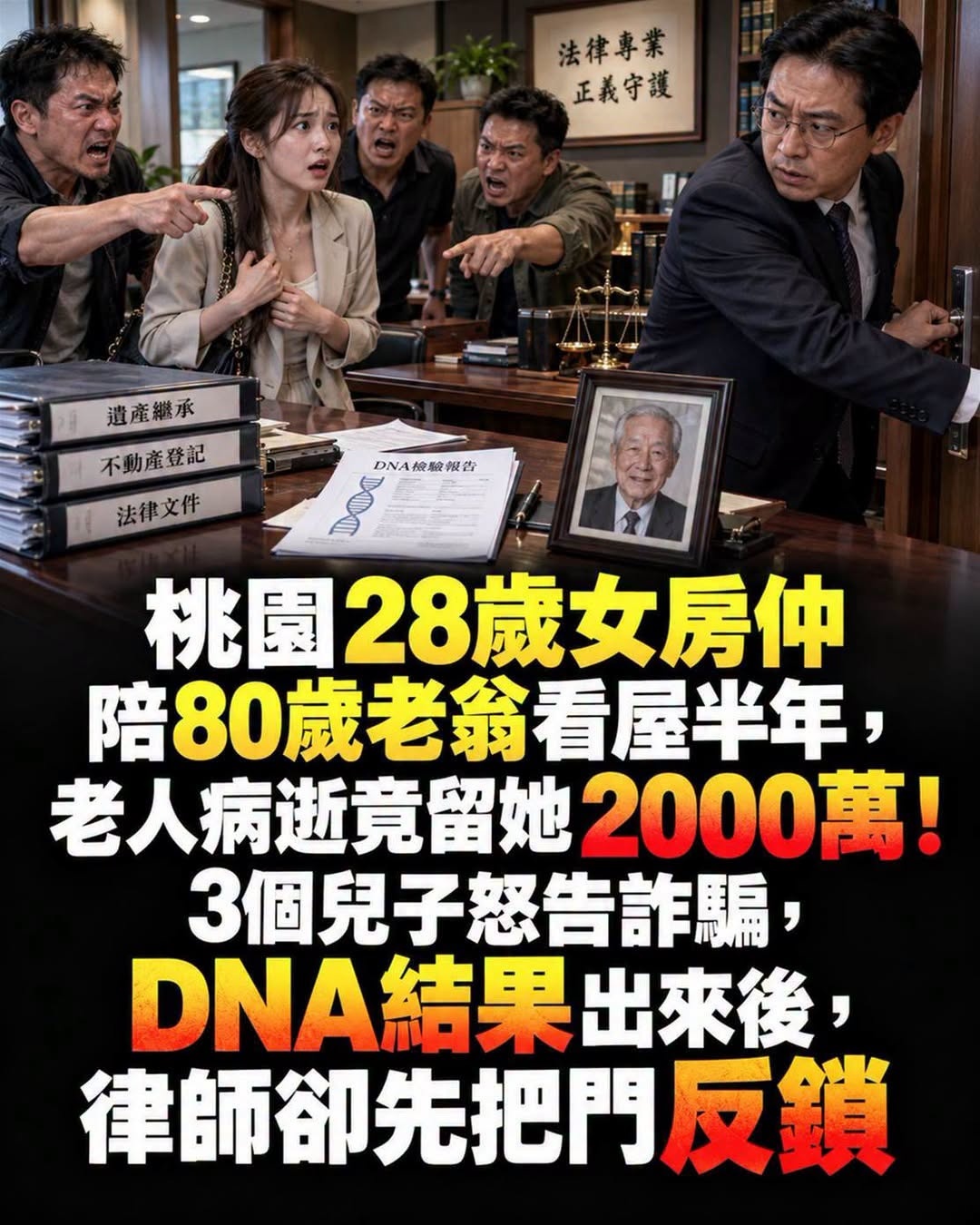 桃園28歲女房仲陪80歲老翁看屋半年,老人病逝竟留她2000萬!3個兒子怒告詐騙,DNA結果出來後,律師卻先把門反鎖