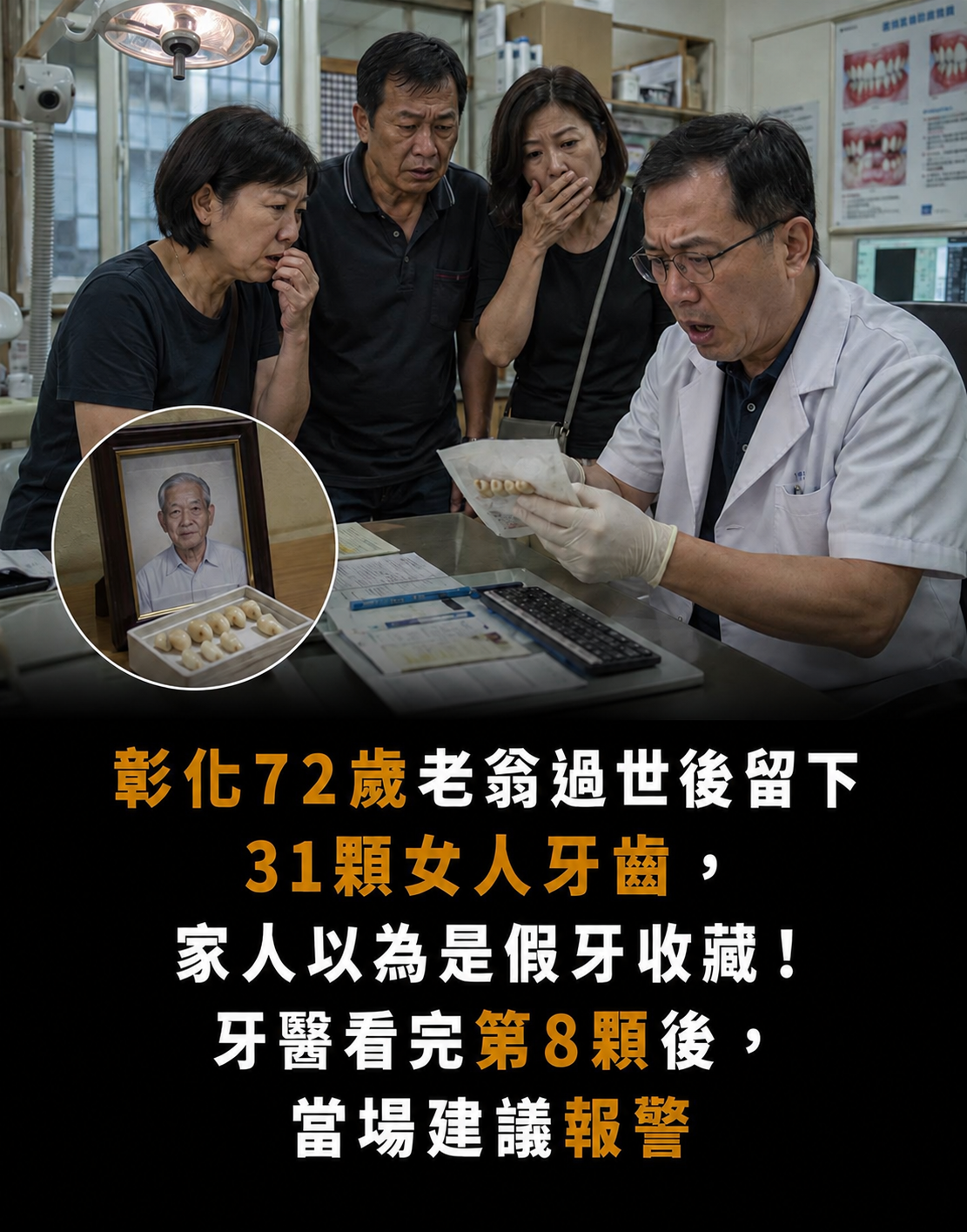 彰化72歲老翁過世後留下31顆女人牙齒,家人以為是假牙收藏!牙醫看完第8顆後,當場建議報警