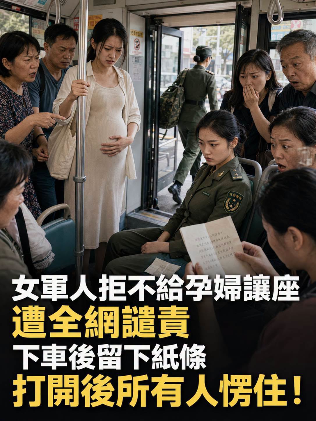 女軍人拒讓孕婦座位遭全車怒罵,下車前交出紙條後真相反轉