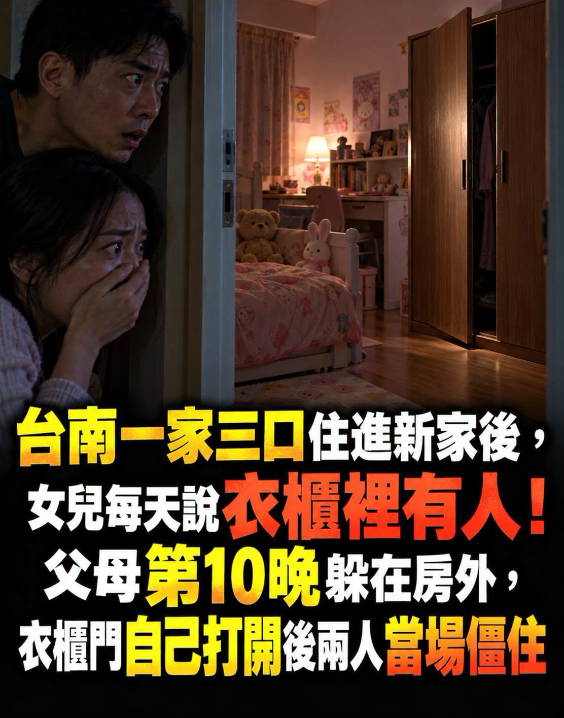臺南一家三口住進新家後，女兒每天說衣櫃裡有人！父母第10晚躲在房外，衣櫃門自己開啟後兩人當場僵住