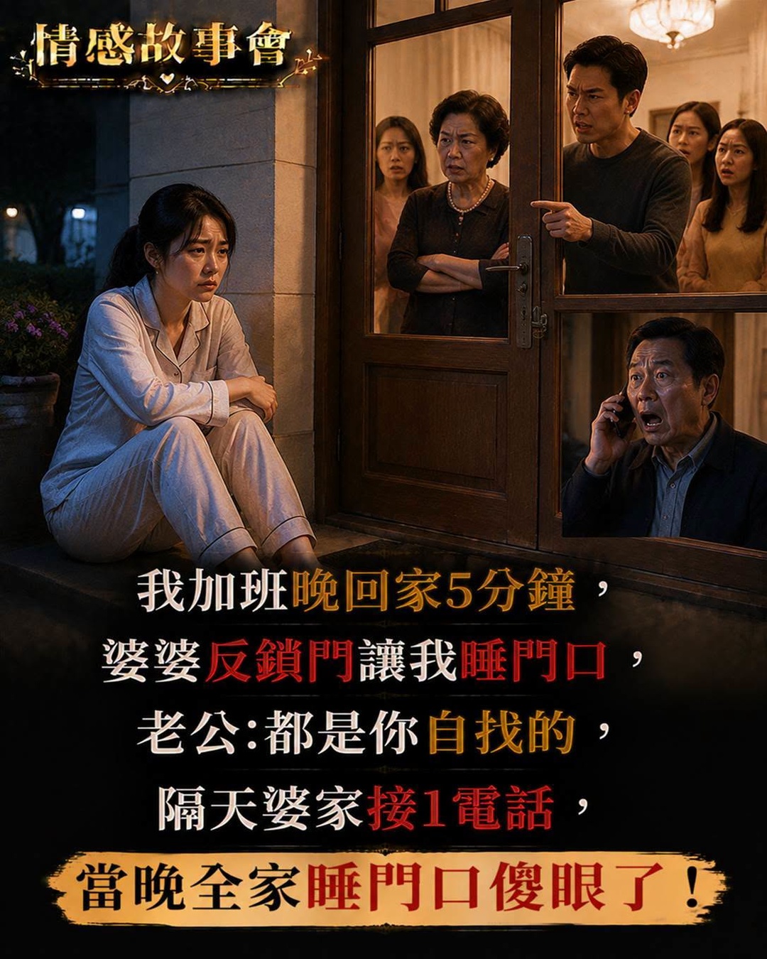 只晚回家5分鐘被婆婆鎖在門外，老公還說「都是你自找的」隔天他們接到一通電話，全家傻眼