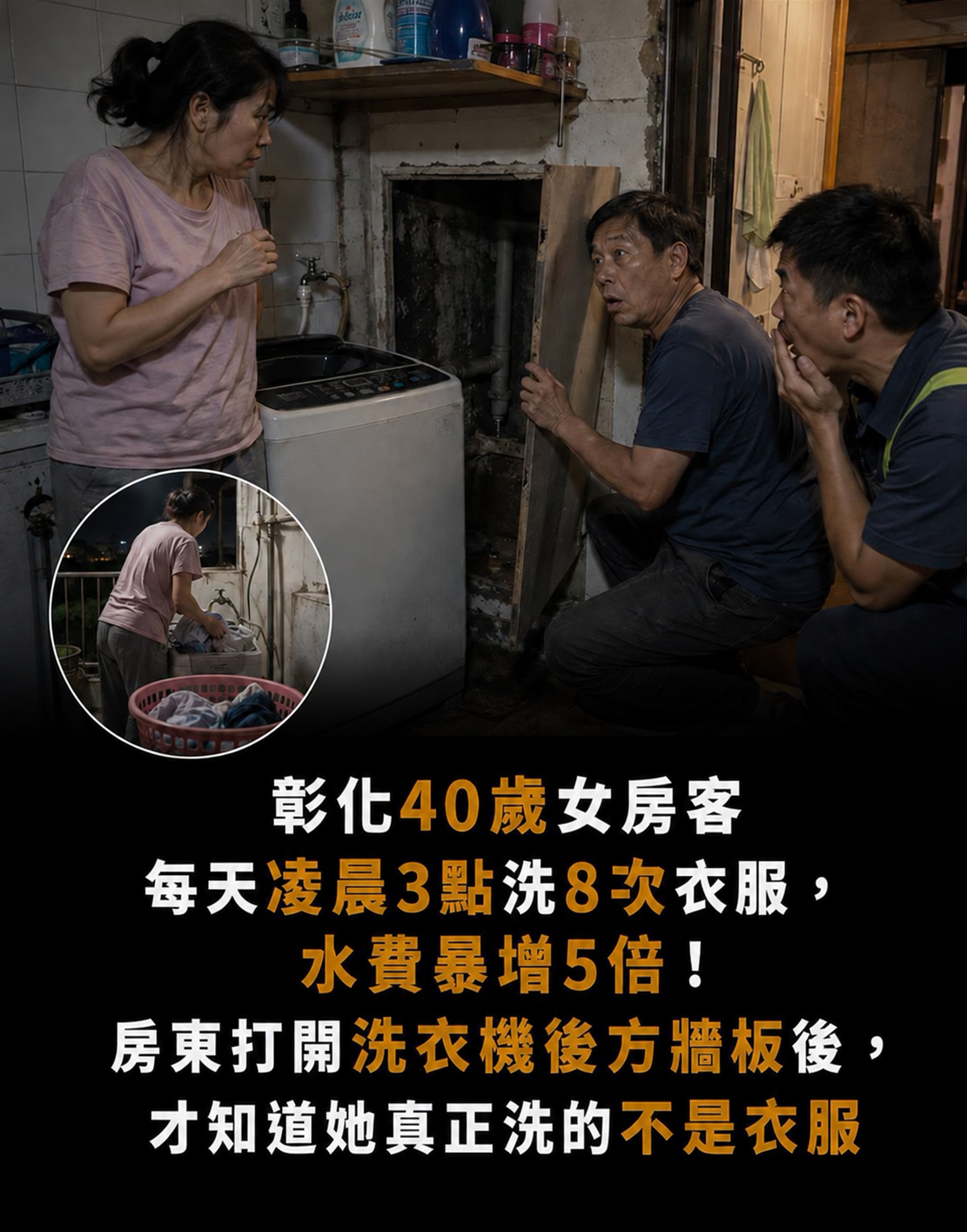 彰化40歲女房客每天凌晨3點洗8次衣服，水費暴增5倍！房東打開洗衣機後方牆板後，才知道她真正洗的不是衣服