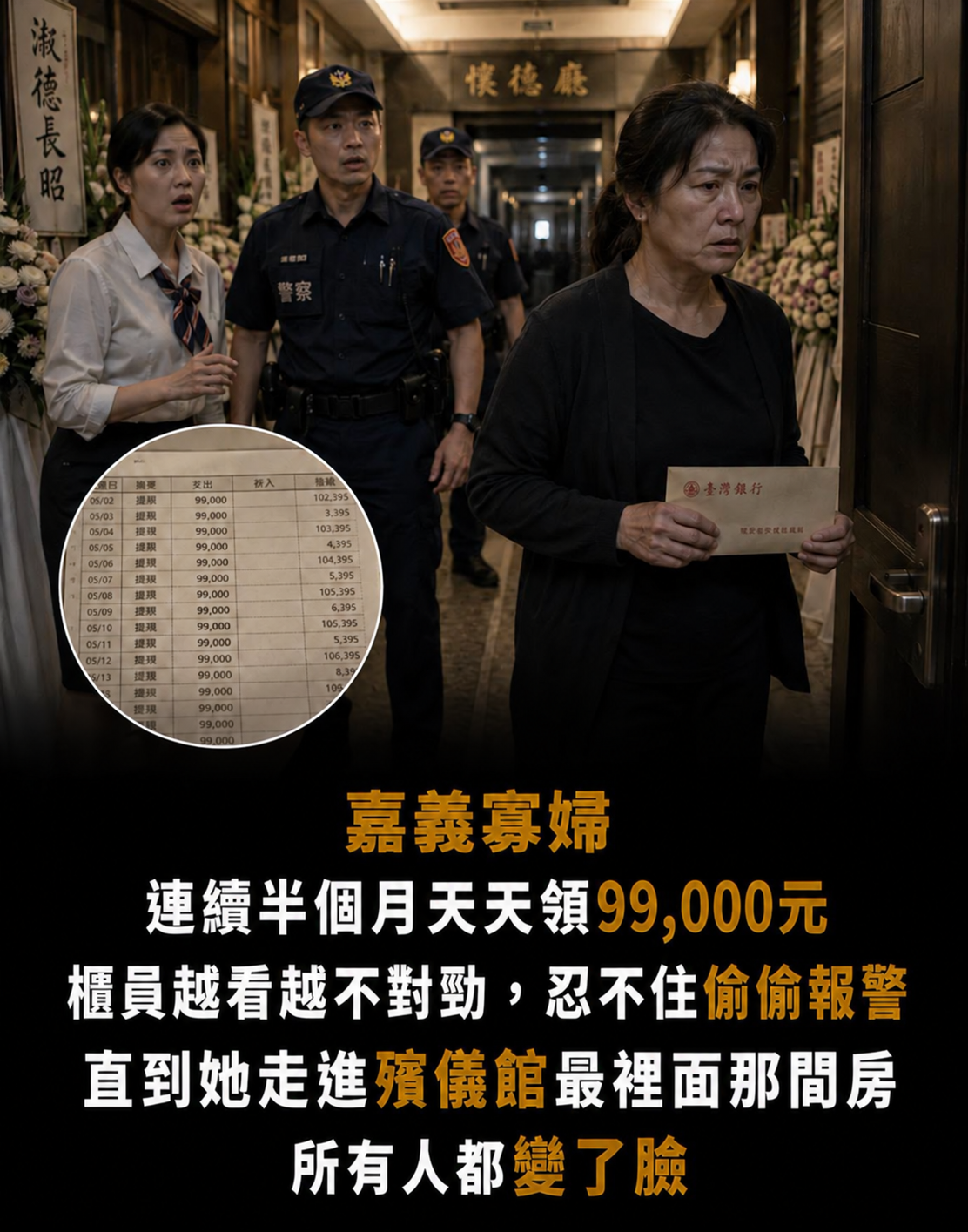 嘉義58歲寡婦每天固定領出99,000元現金！櫃員偷偷報警後，警方跟到殯儀館才發現她根本不是來花錢