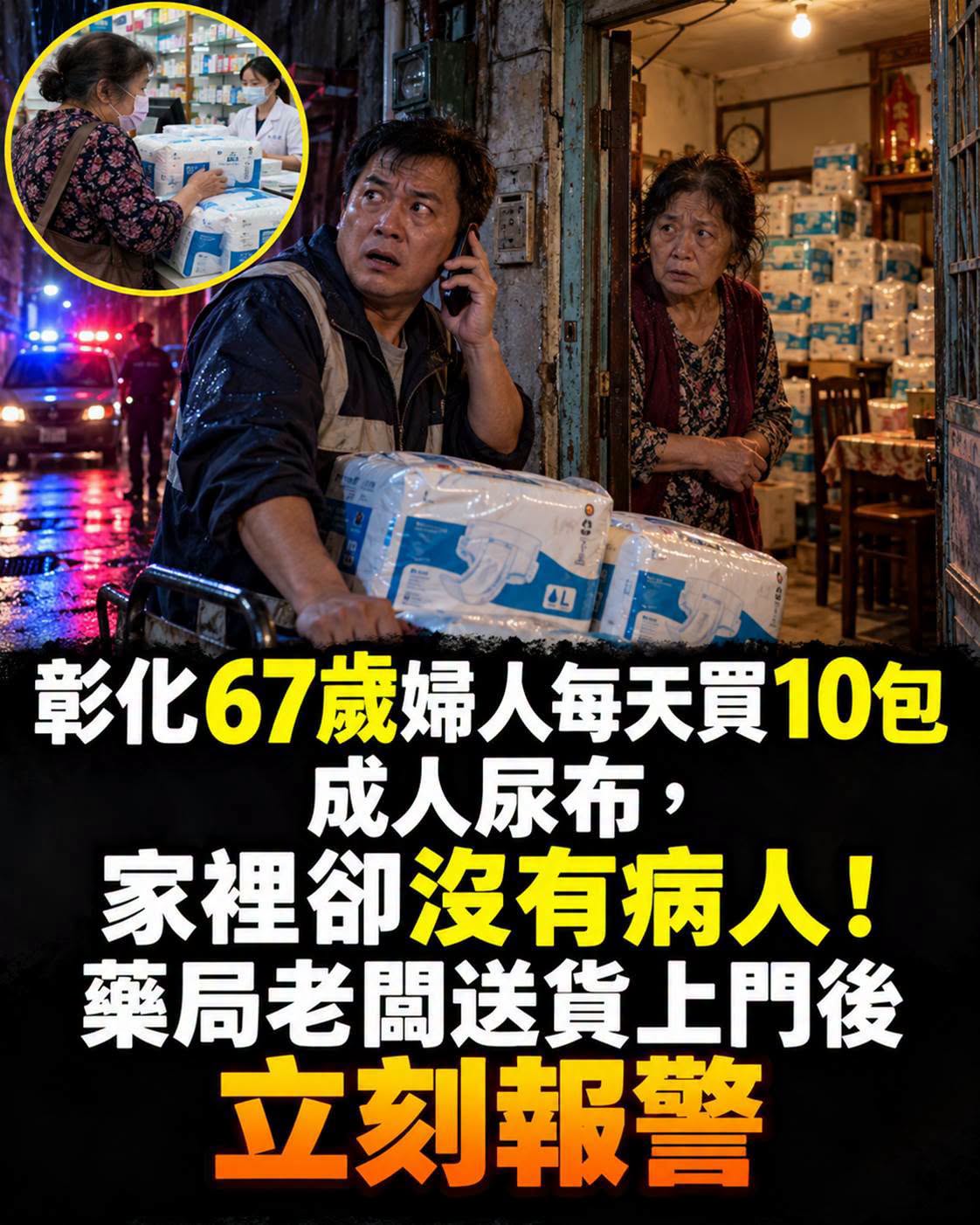 彰化67歲婦人每天買10包成人尿布,家中沒病人,老闆送貨後報警