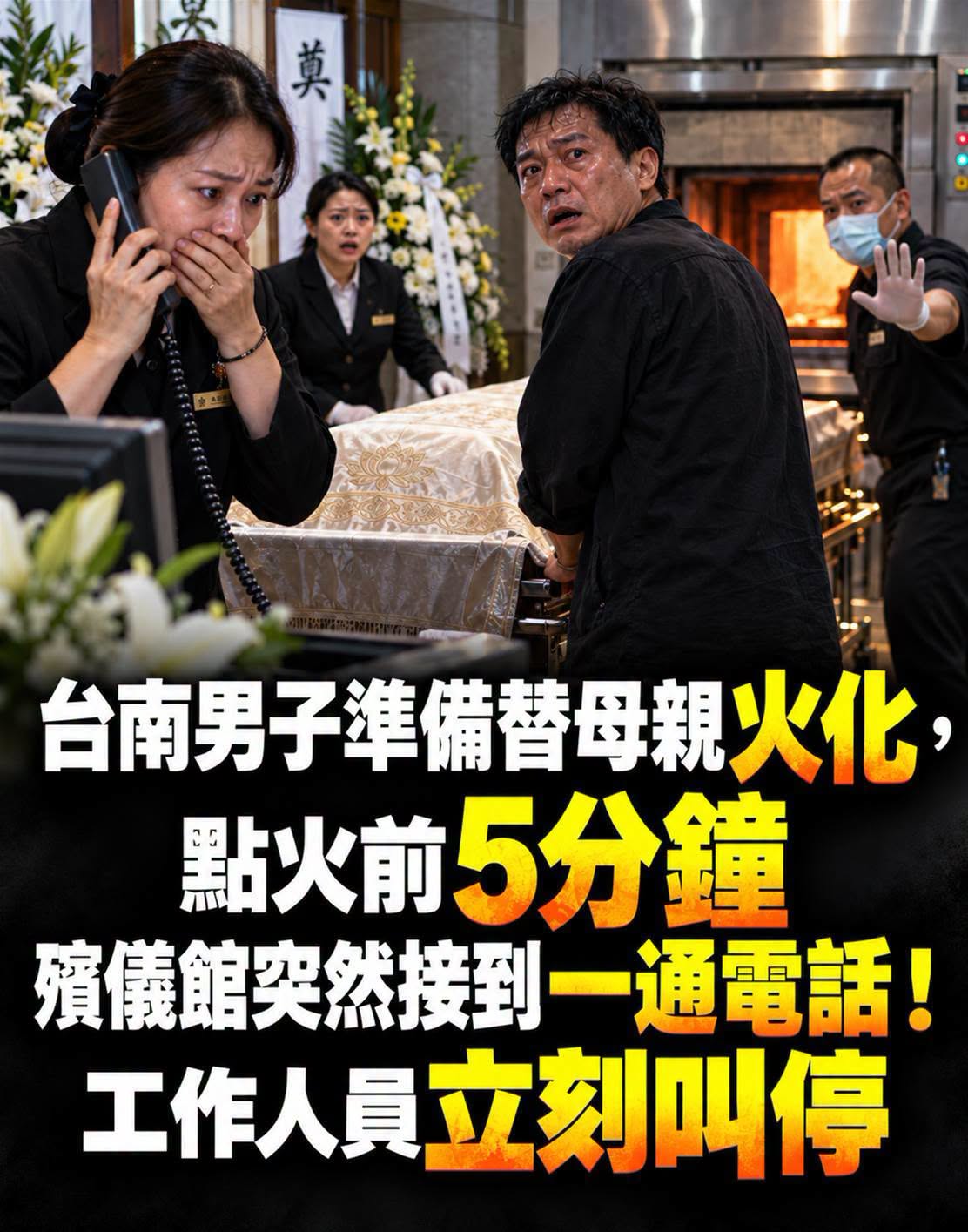 臺南男子替母親火化前5分鐘接急電，殯儀館一句話讓現場全停