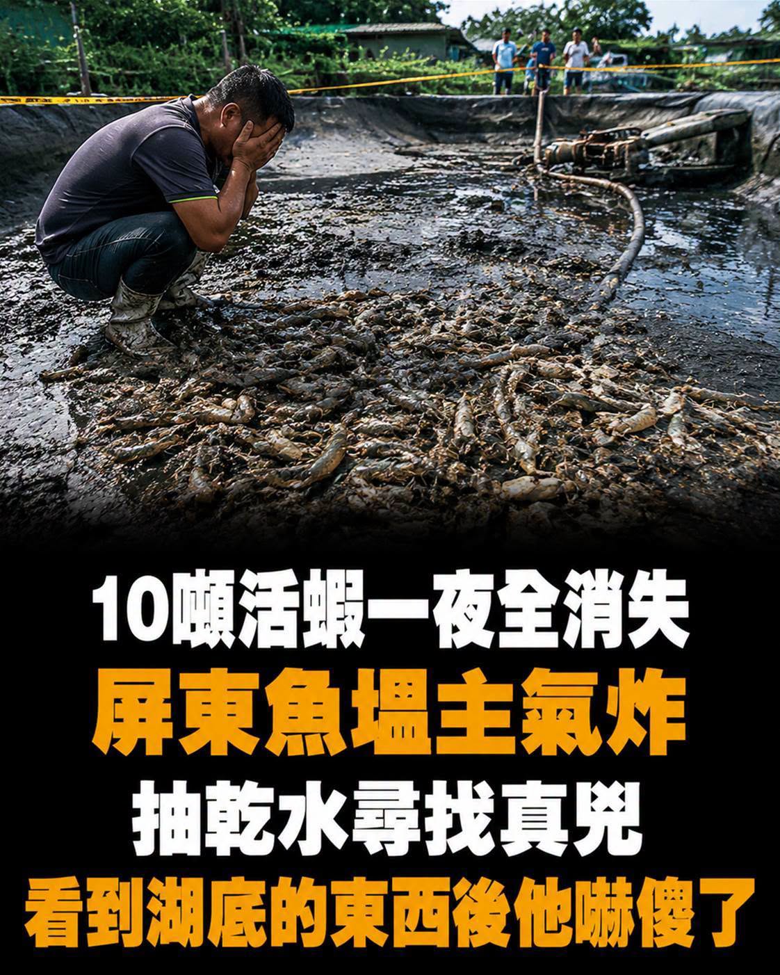10噸活蝦一夜全消失！屏東魚塭主氣炸抽乾水尋找真兇，看到湖底的東西後他嚇傻了
