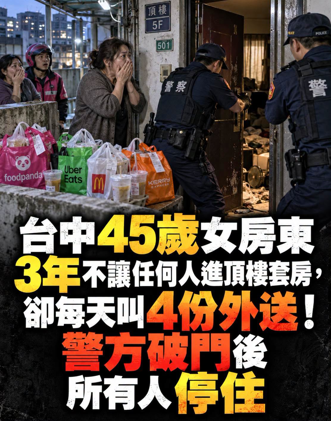 臺中45歲女房東3年不讓任何人進頂樓套房，卻每天叫4份外送！警方破門後所有人停住