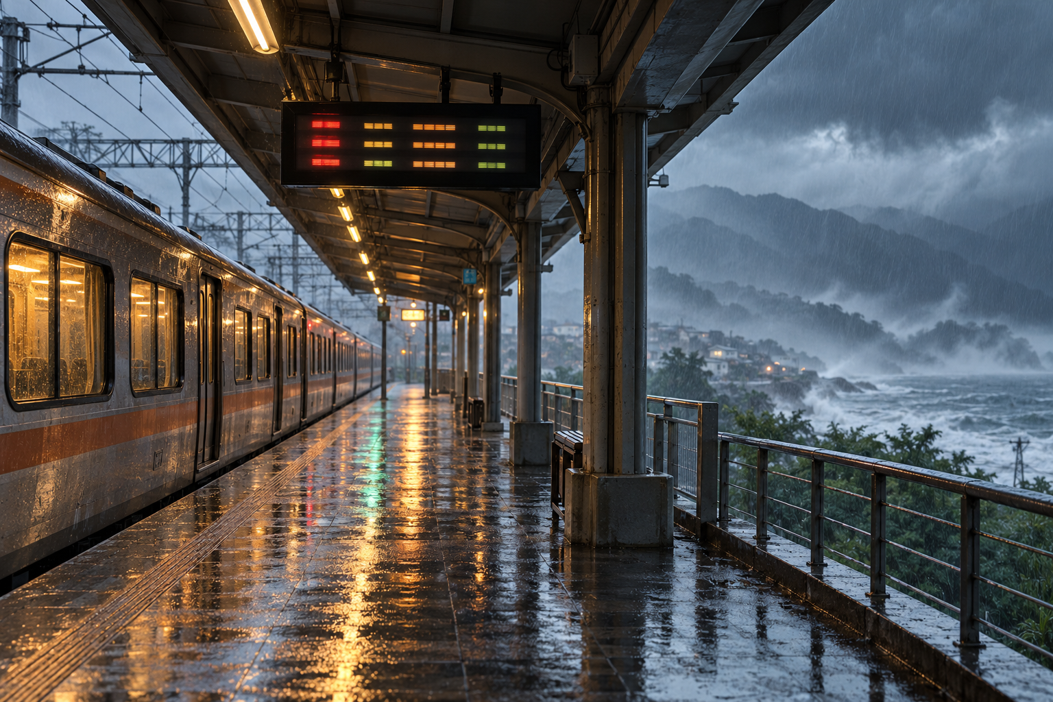 颱風豪雨期間鐵路月台的交通情境示意圖