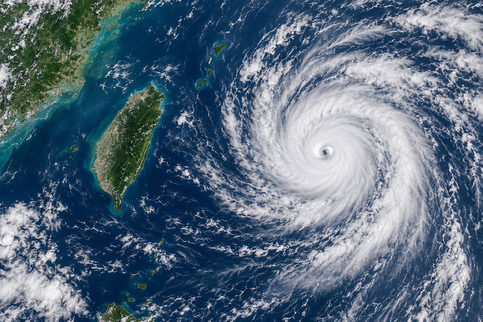 颱風雲系位於台灣東方海面的情境示意圖