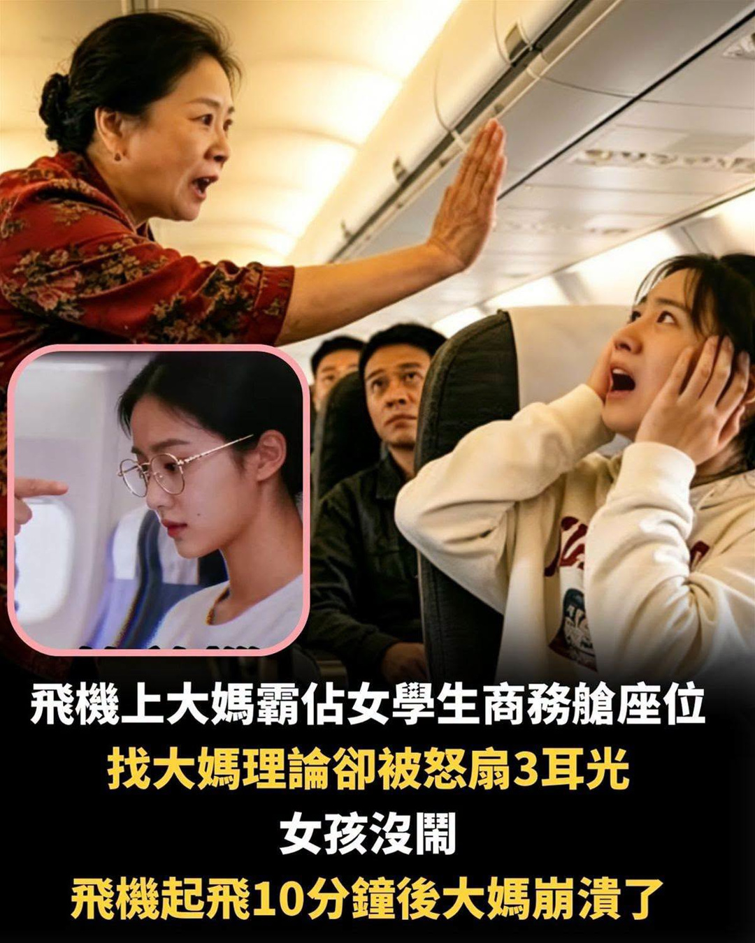 22歲女學生花錢升商務艙卻被大媽霸位,起飛10分鐘後3記耳光讓飛機緊急返航